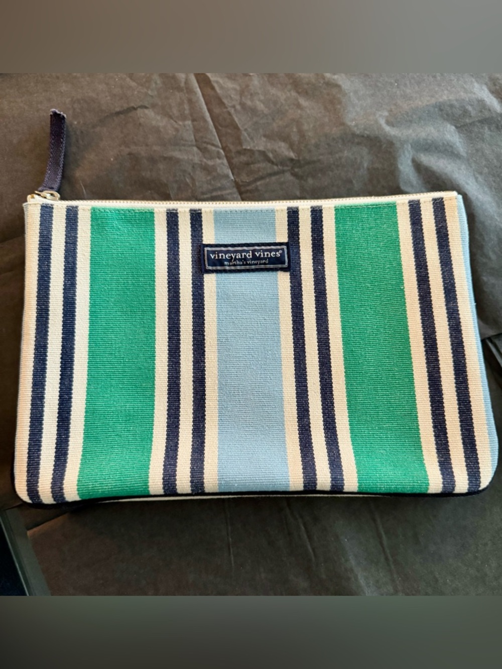 Vineyard Vines Striped Canvas Clutvh in Aqua, Navy & Light Blue